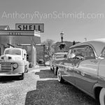 1966 Chevy Bel Air and 1948 Ford F-1 at the Shell Gas Station Issaquah, Washington